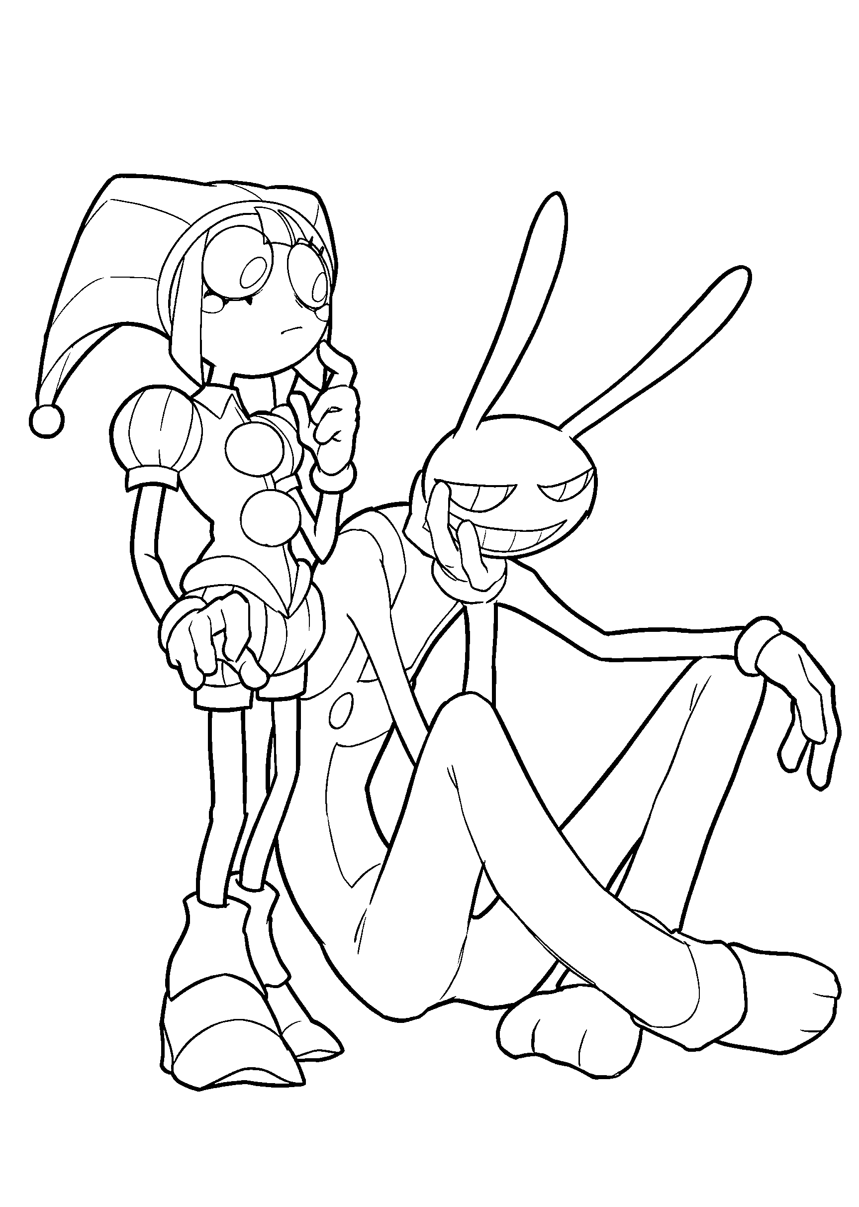 thoughtful pomni and smirk jax sitting the amazing digital circus line art