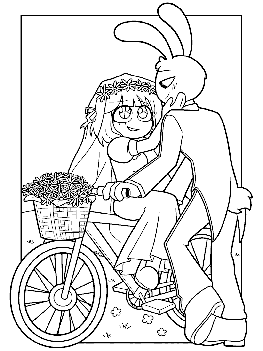 wedding jax and pomni riding bicycle flower basket tadc the amazing digital circus line art