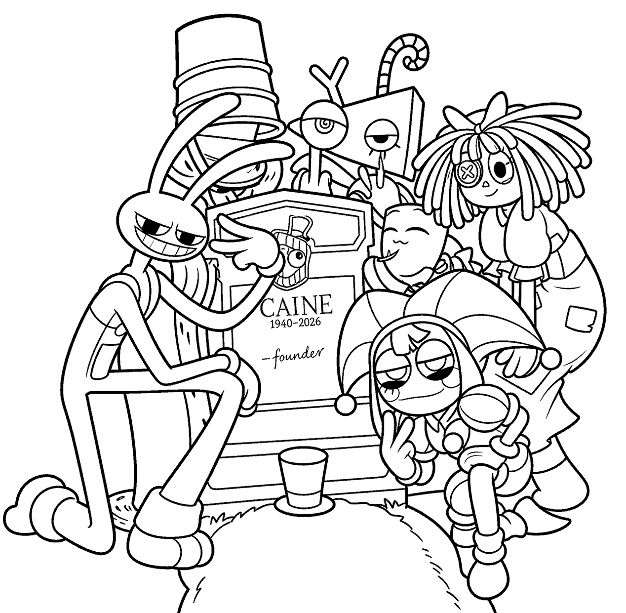 whole crew at caine grave funeral tadc the amazing digital circus line art
