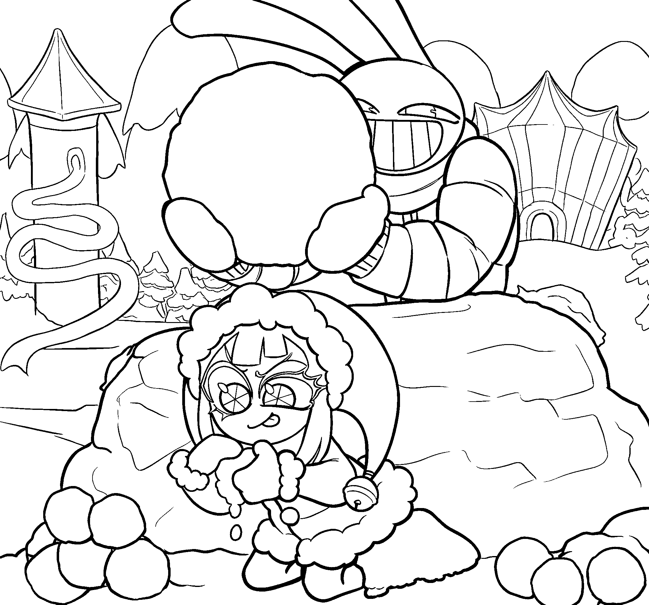 winter snowball fight jax and pomni behind snow fort tadc the amazing digital circus line art
