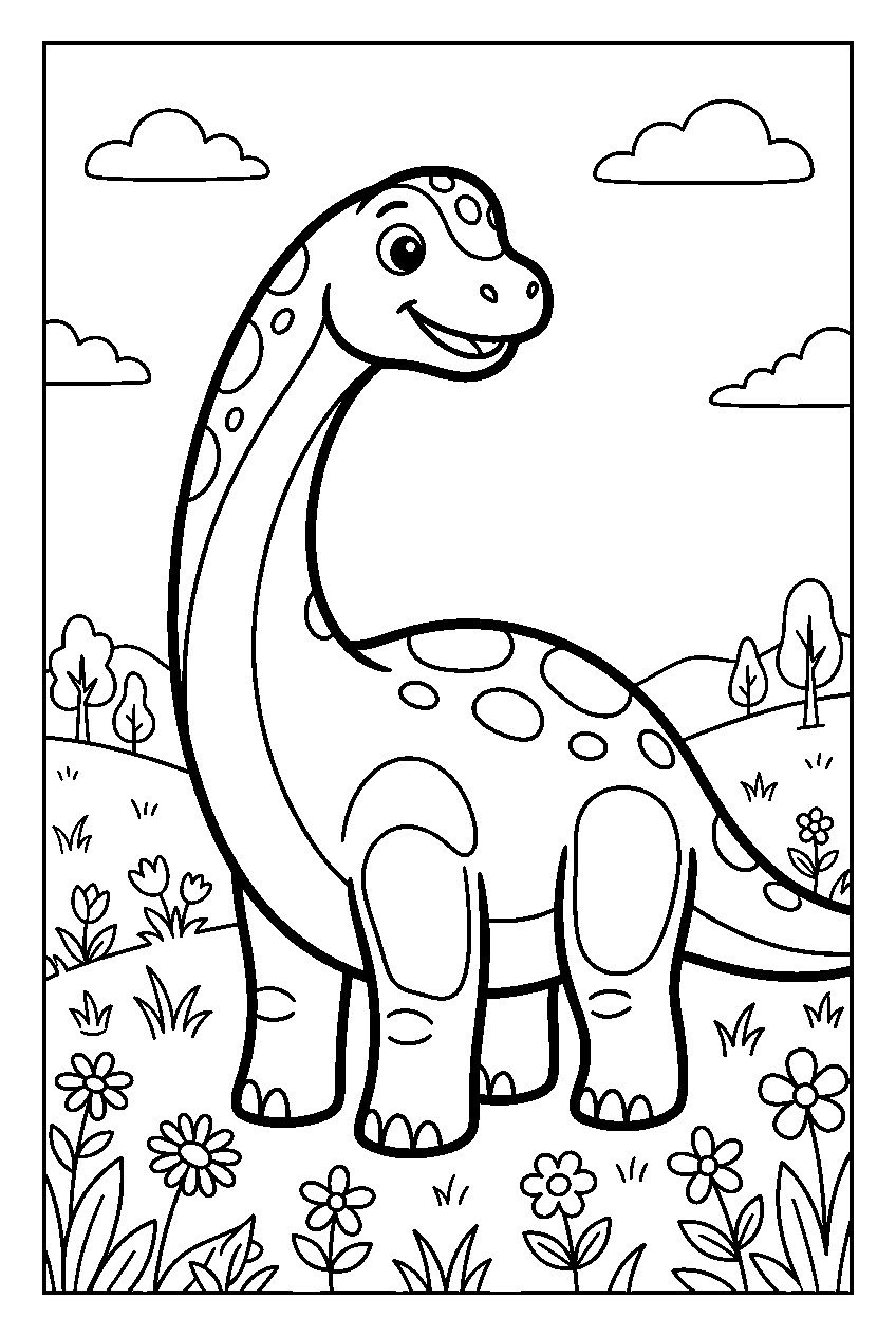 brachiosaurus in flower meadow line art