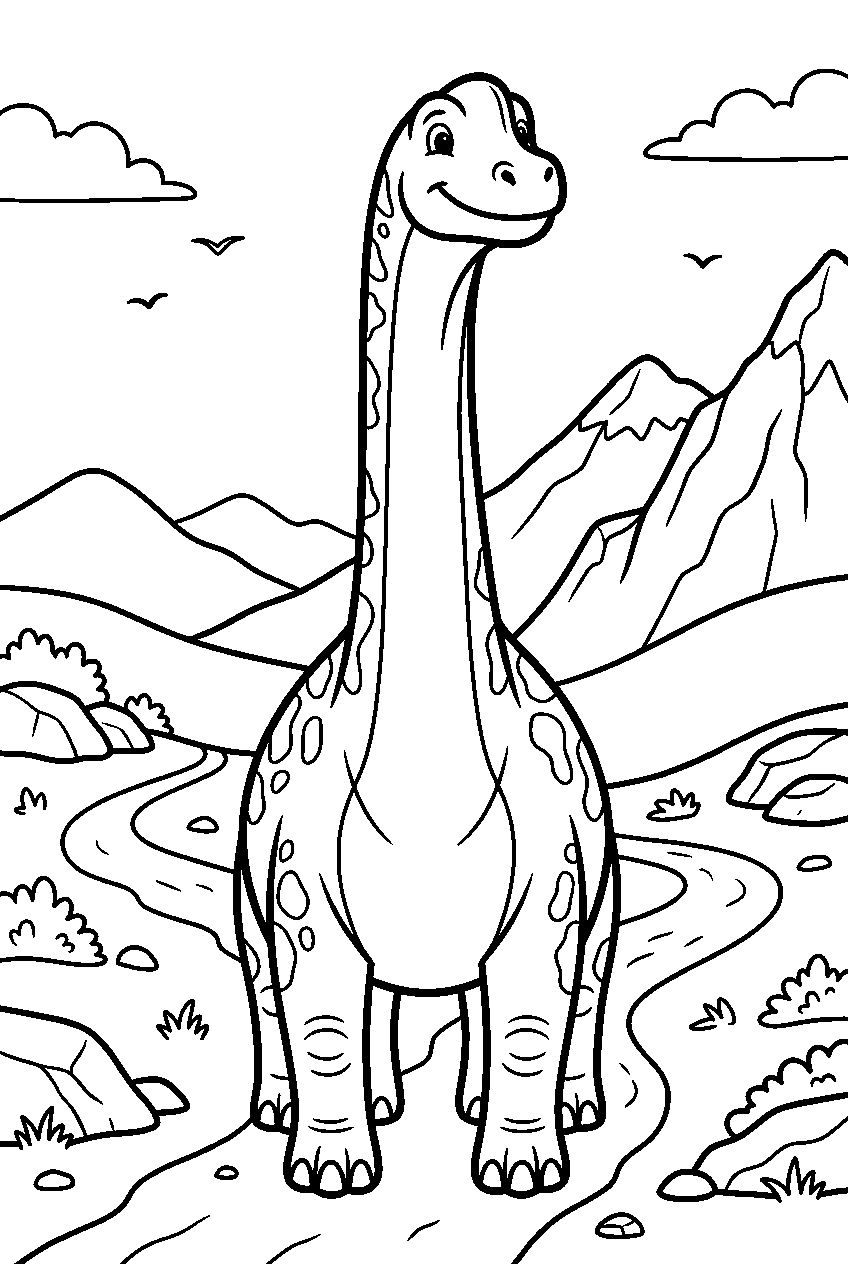 brachiosaurus in mountain trail line art