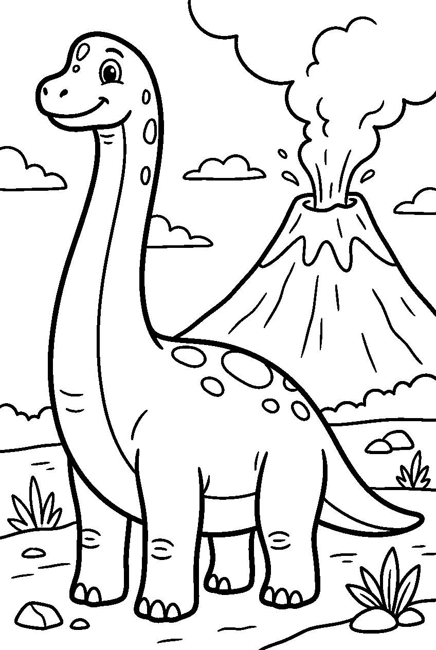 brachiosaurus near volcano line art