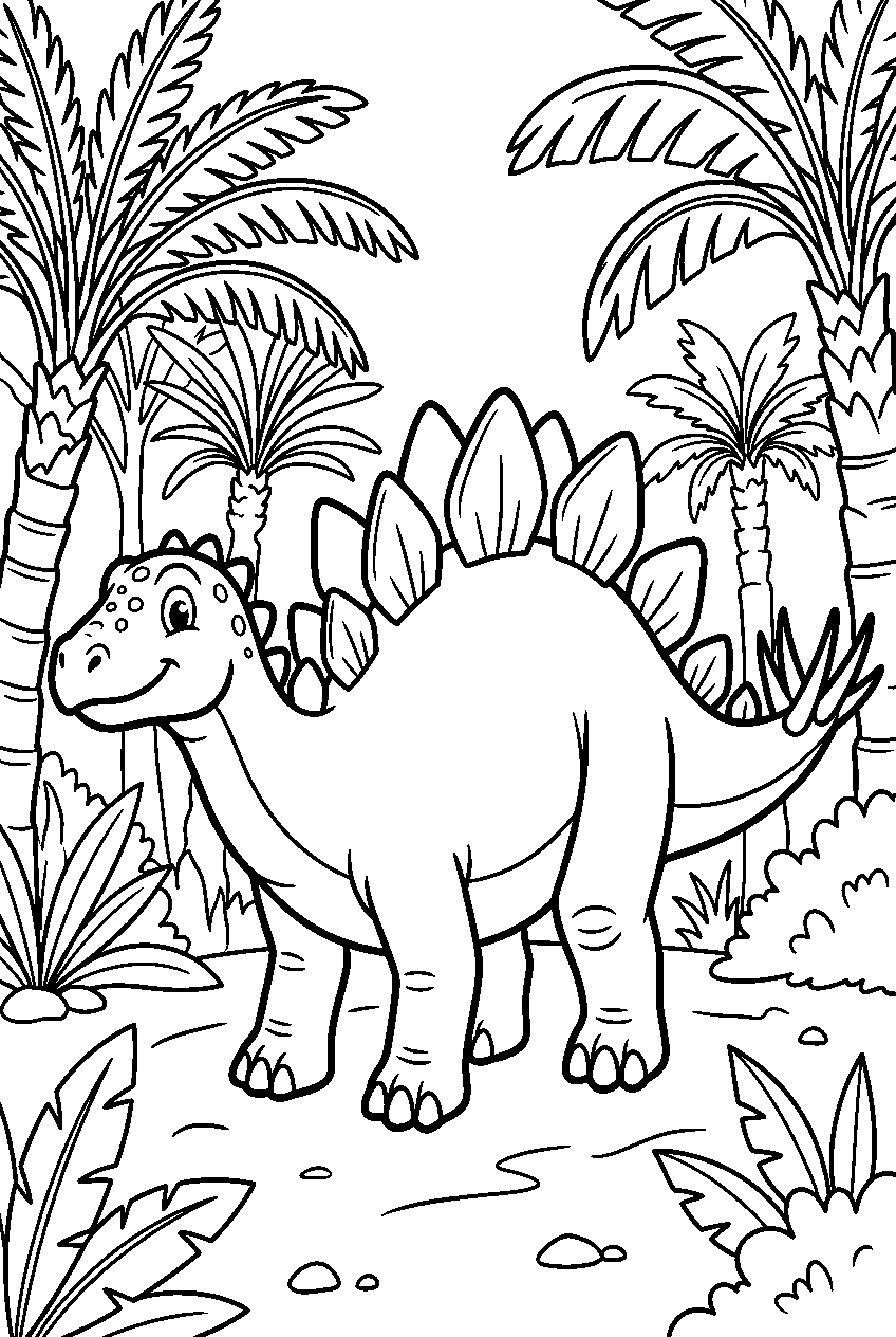 stegosaurus in cycad forest line art
