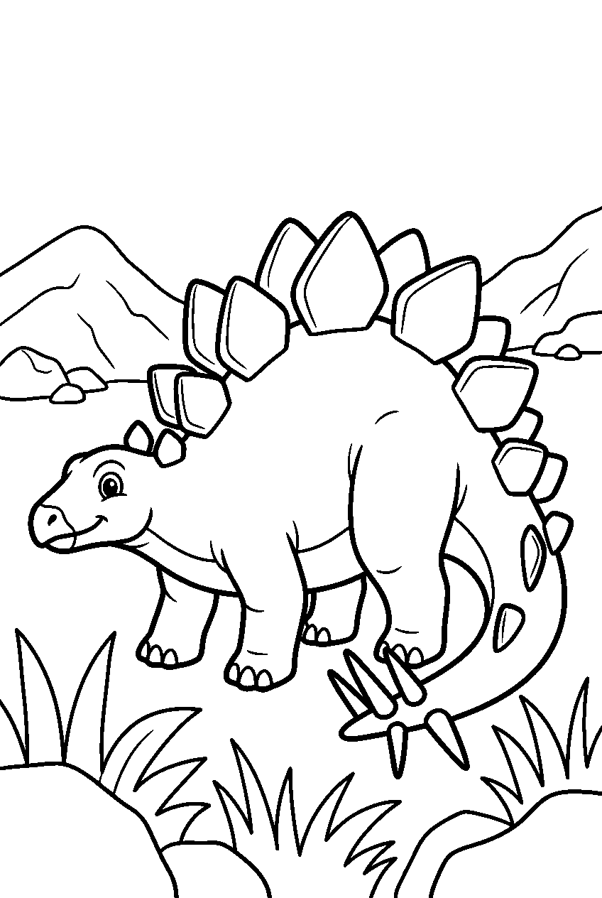 stegosaurus in mountain foothills line art