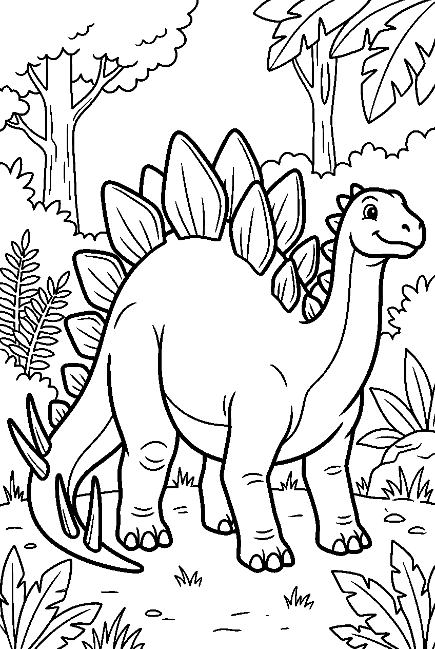 stegosaurus in prehistoric forest line art