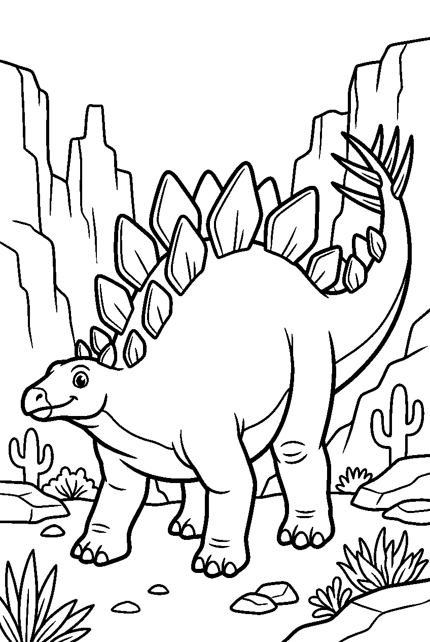 stegosaurus in rocky canyon line art