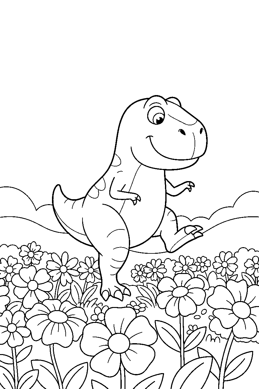 dinosaur t rex balancing in flower field line art