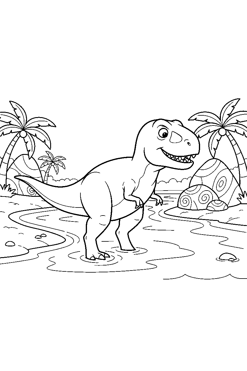 dinosaur t rex exploring by water line art