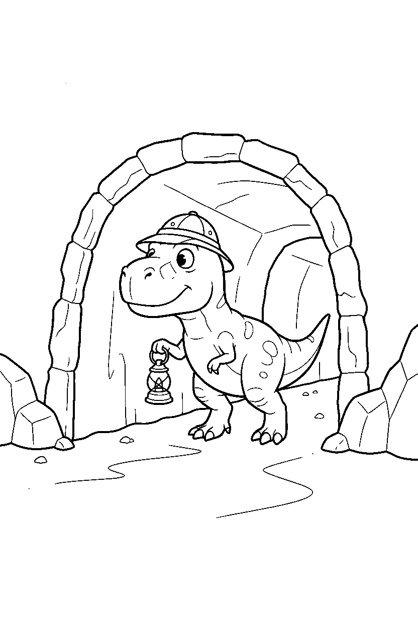 dinosaur t rex exploring in tunnel line art