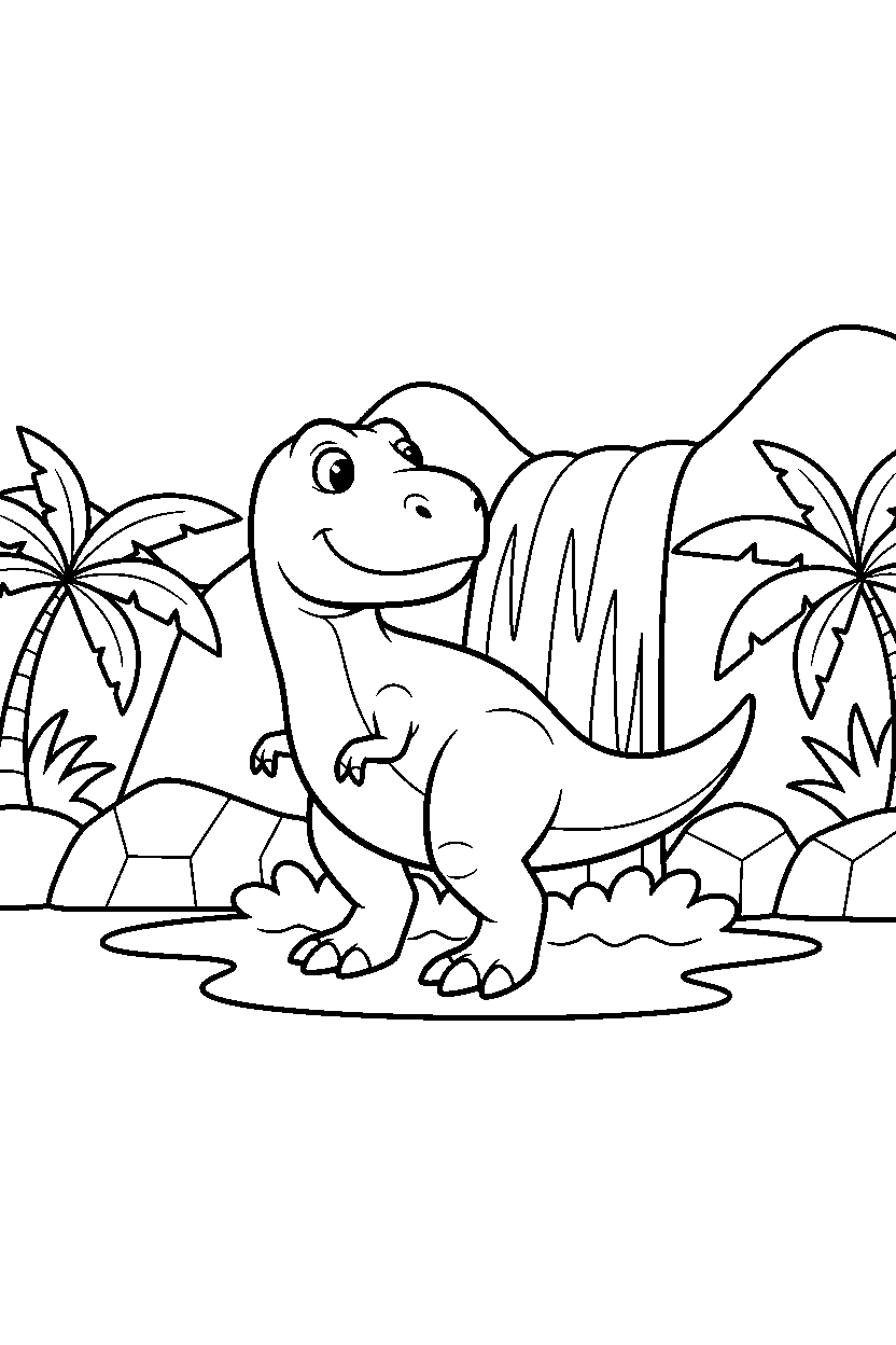dinosaur t rex looking around by waterfall line art
