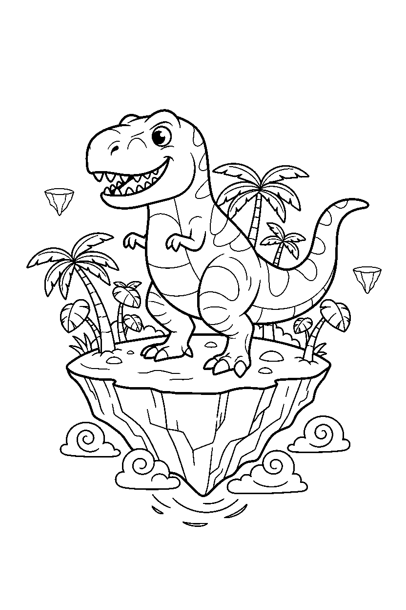 dinosaur t rex posing in floating island line art