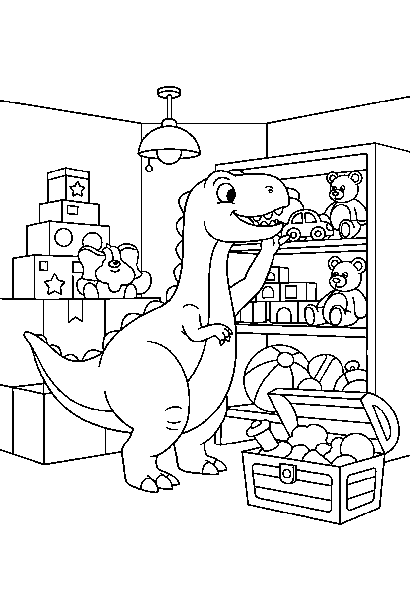 dinosaur t rex reaching in storage room line art