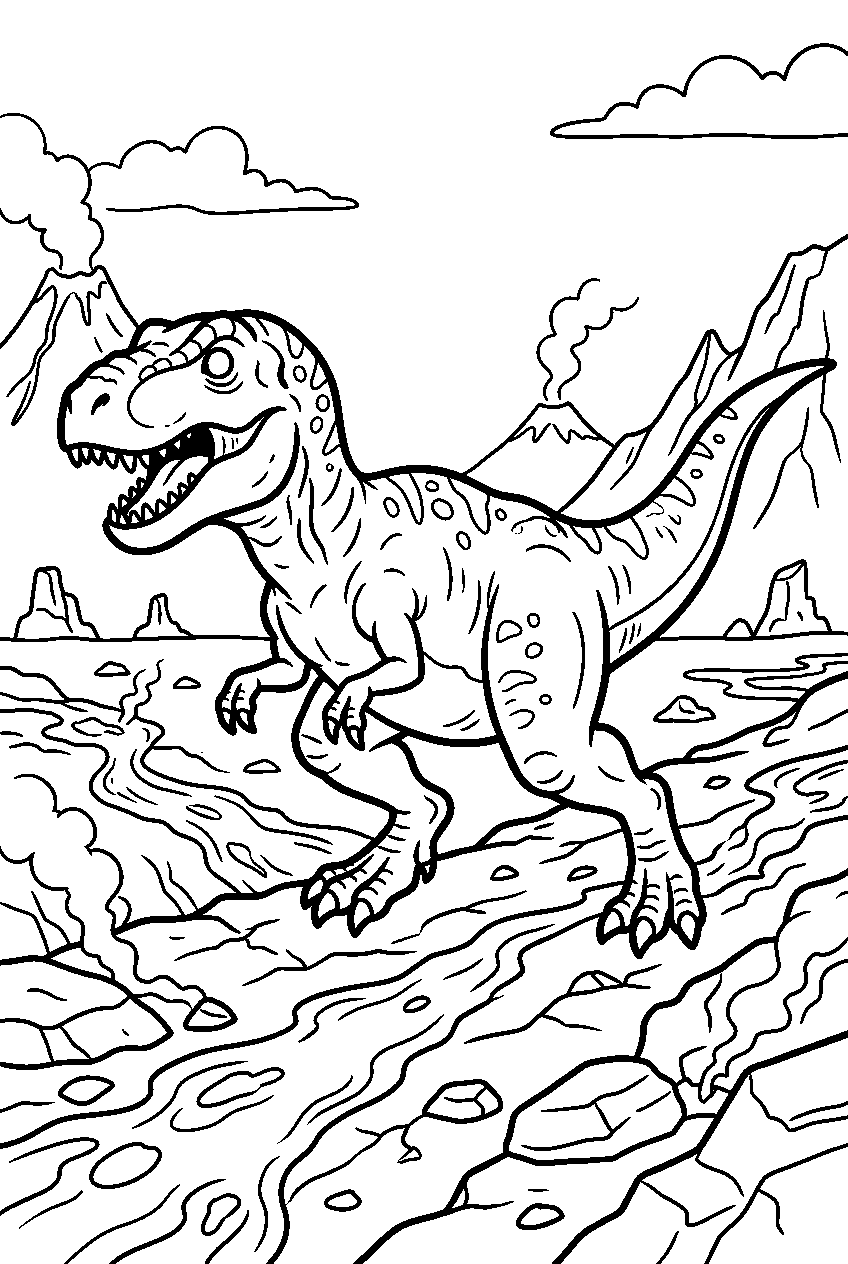 dinosaur t rex running in lava field line art
