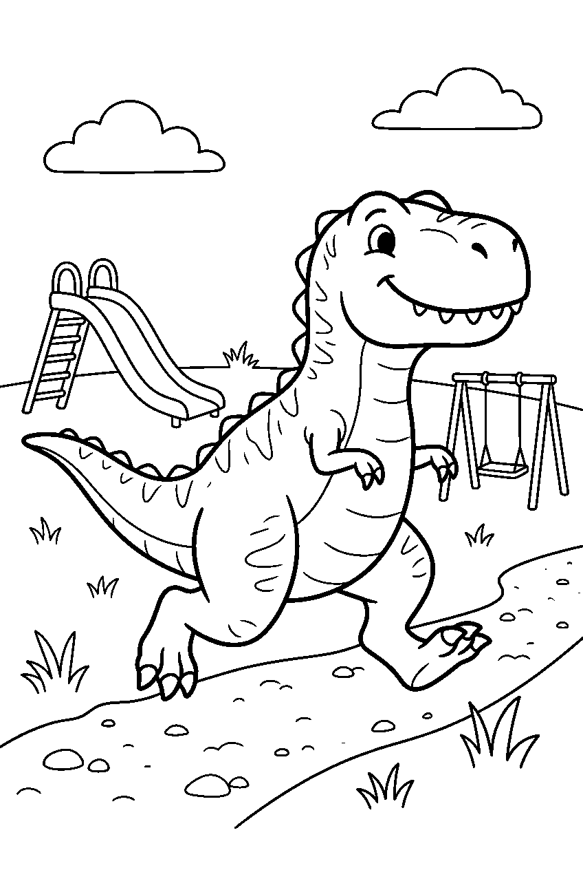 dinosaur t rex running in playground line art