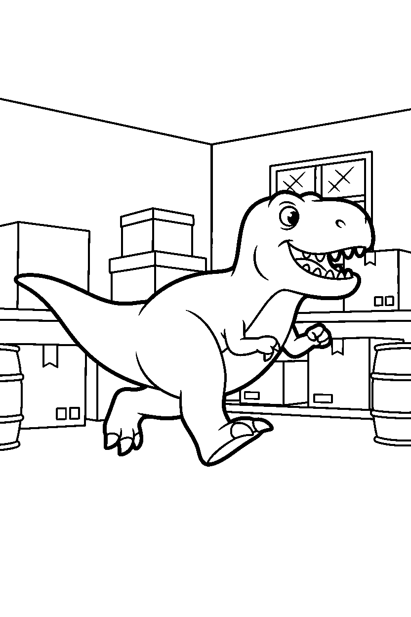 dinosaur t rex running in storage room line art