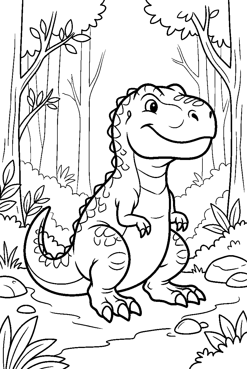 dinosaur t rex sitting in misty forest line art