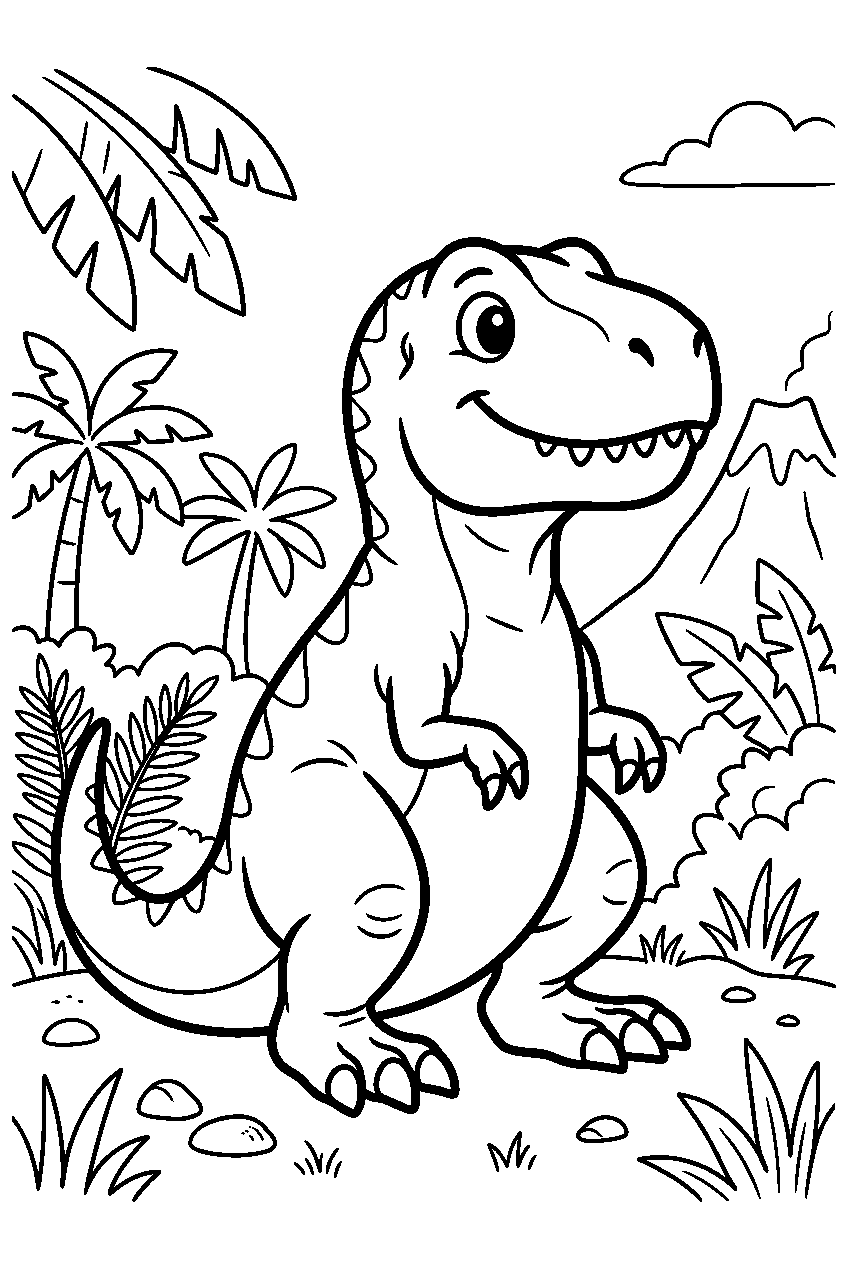 dinosaur t rex sitting in prehistoric jungle line art