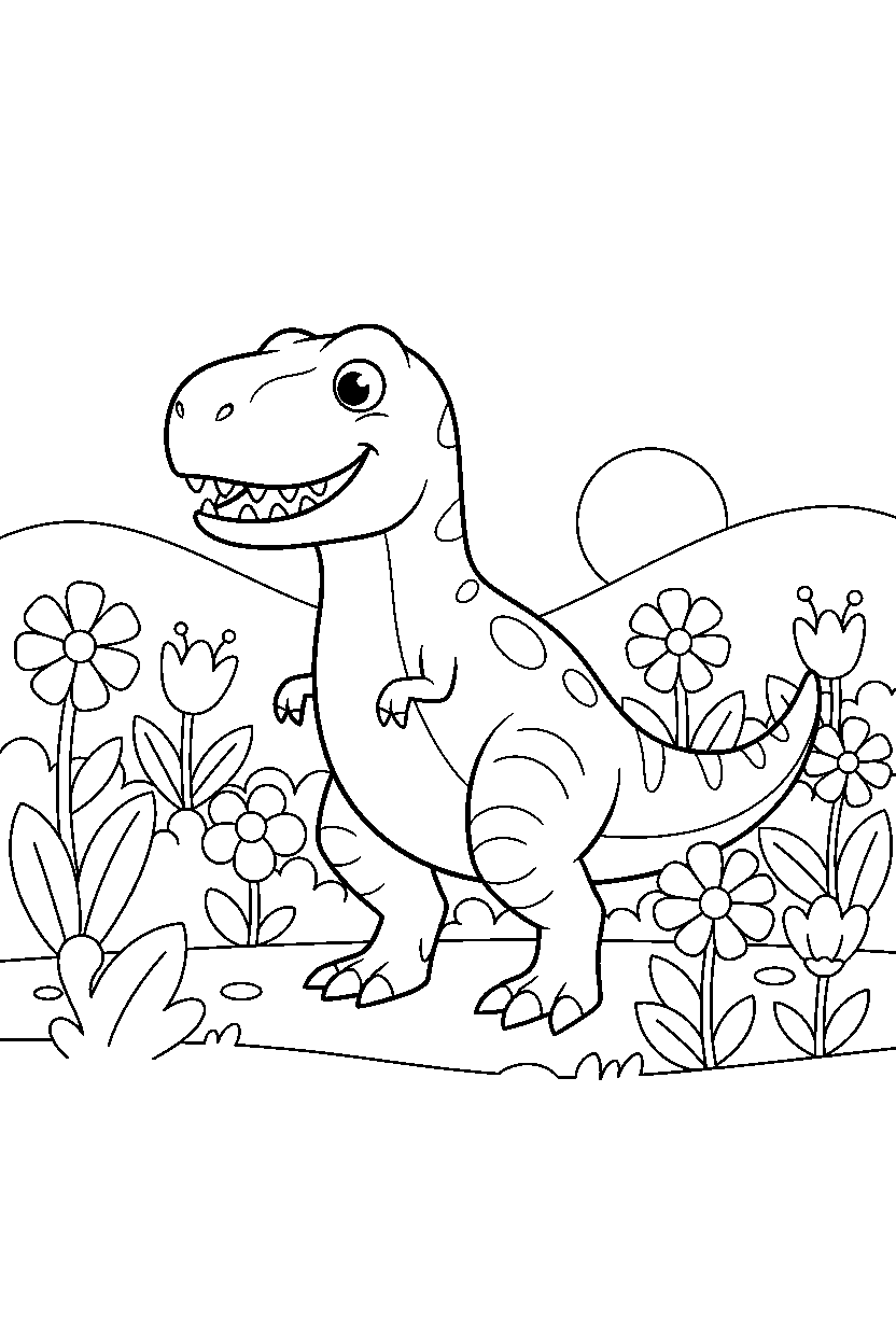 dinosaur t rex standing in flower field line art