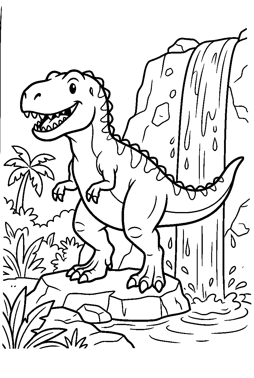 dinosaur t rex standing near waterfall line art