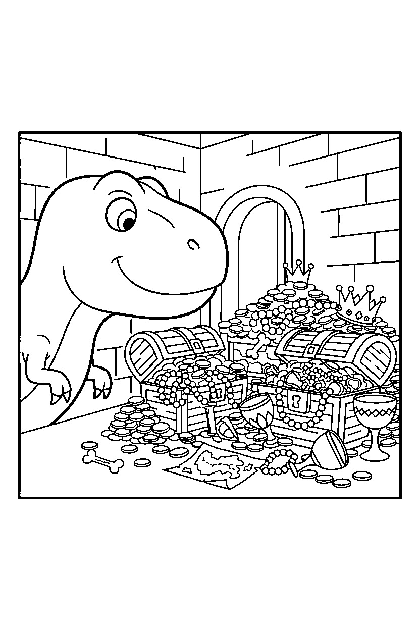 dinosaur t rex watching in treasure room line art