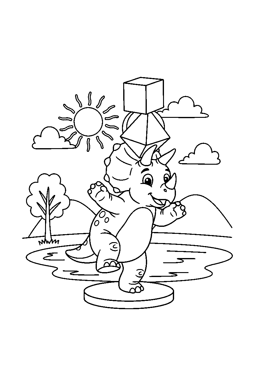 dinosaur triceratops balancing by lake line art
