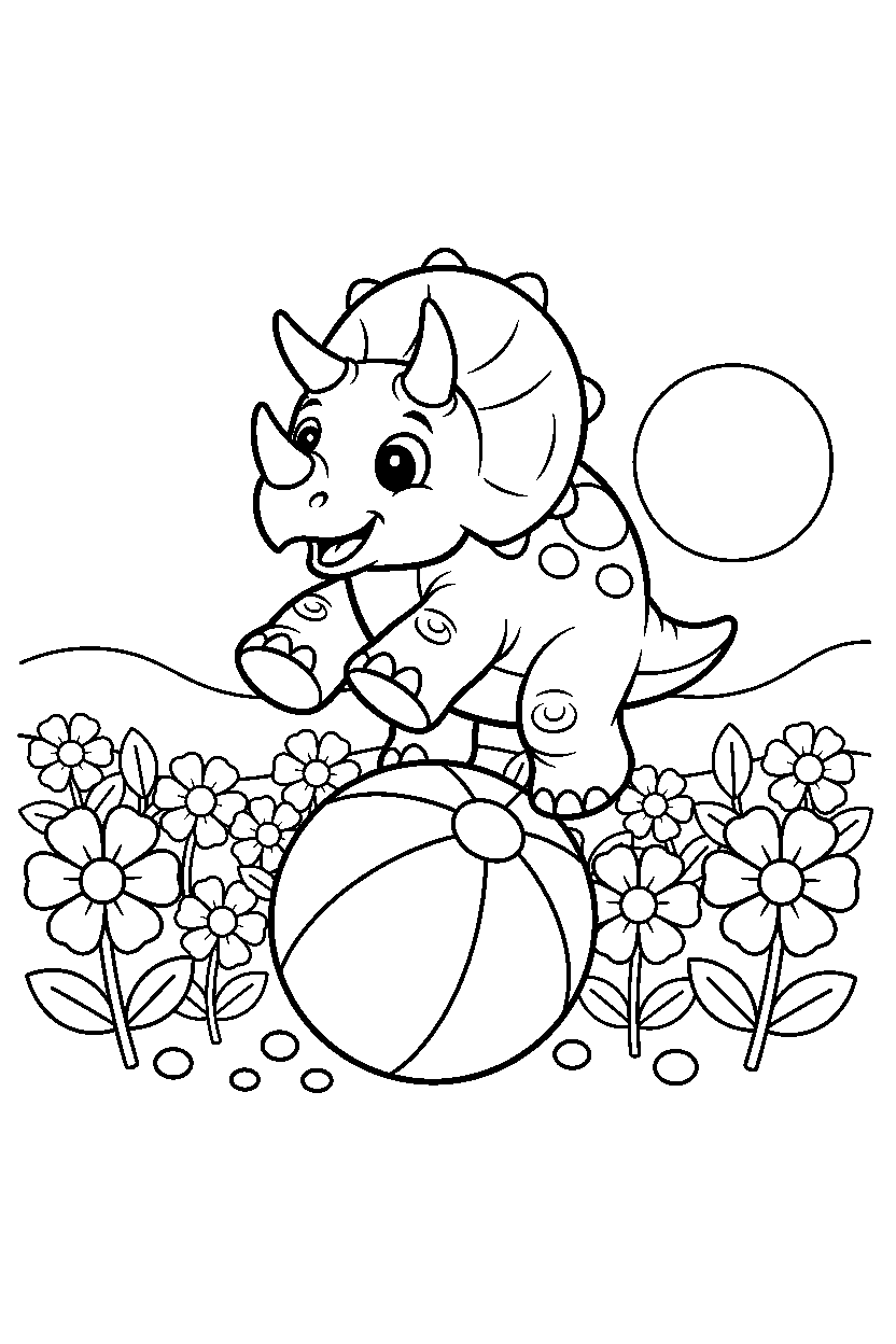 dinosaur triceratops balancing in flower field line art