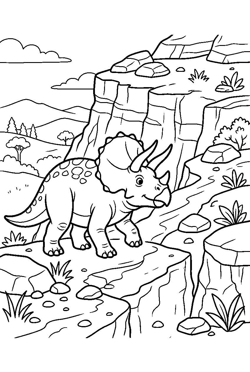 dinosaur triceratops exploring in cliffside area line art