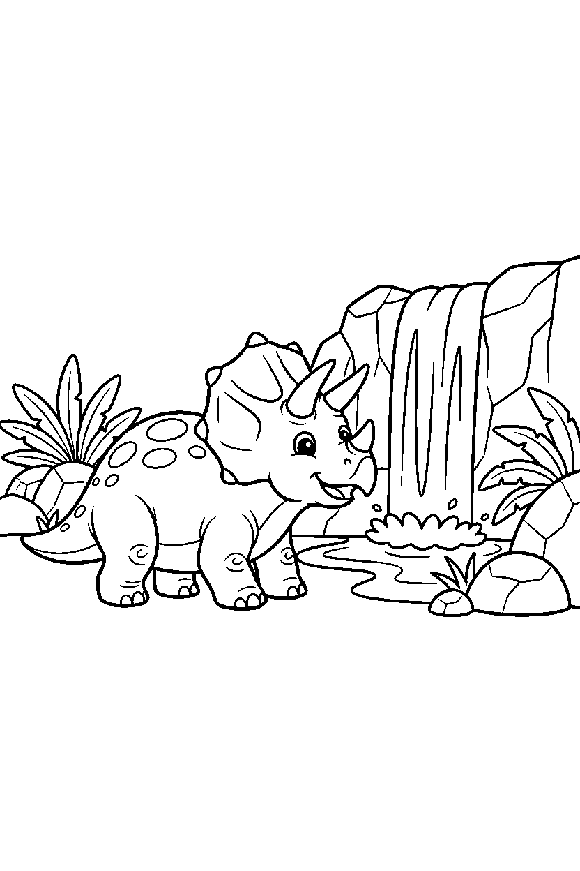 dinosaur triceratops looking around by waterfall line art
