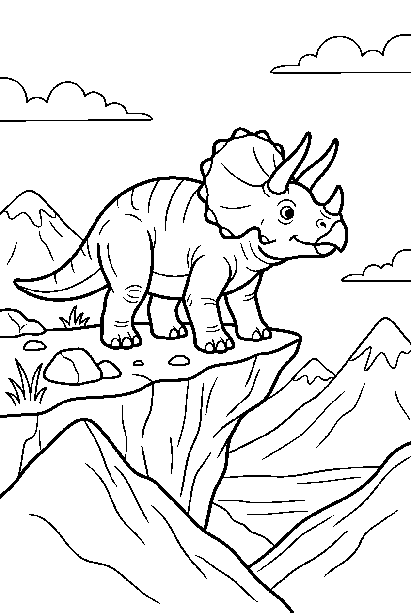 dinosaur triceratops observing on mountain line art