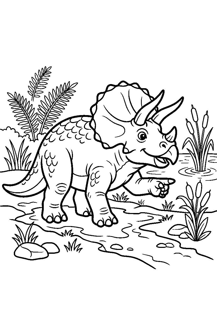dinosaur triceratops pointing in prehistoric swamp line art