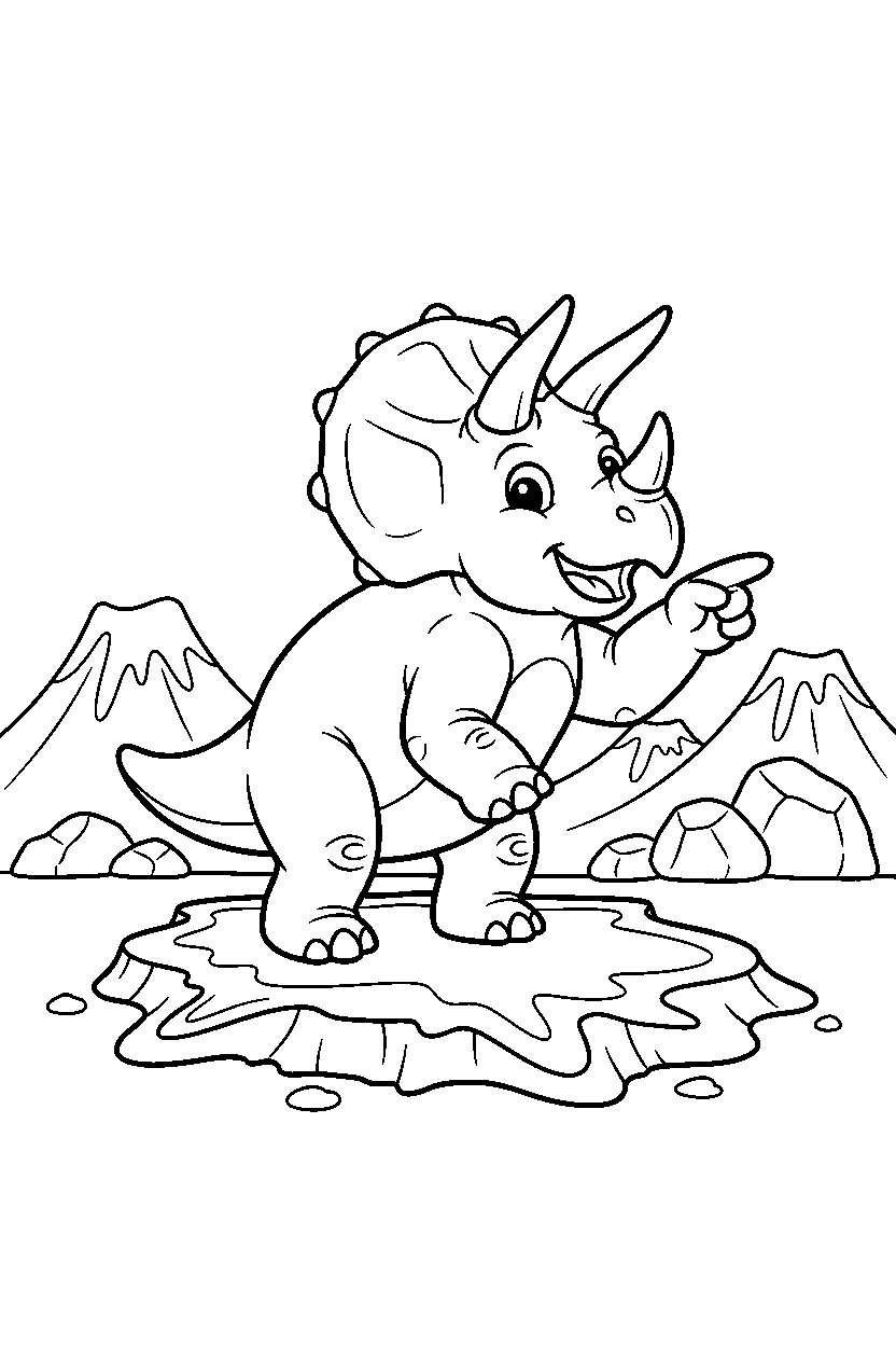 dinosaur triceratops pointing on lava platform line art