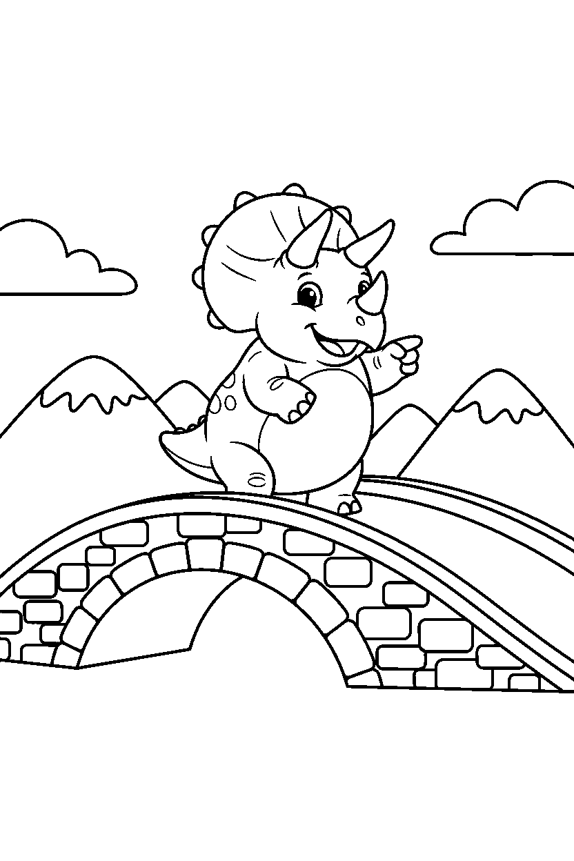 dinosaur triceratops pointing on stone bridge line art