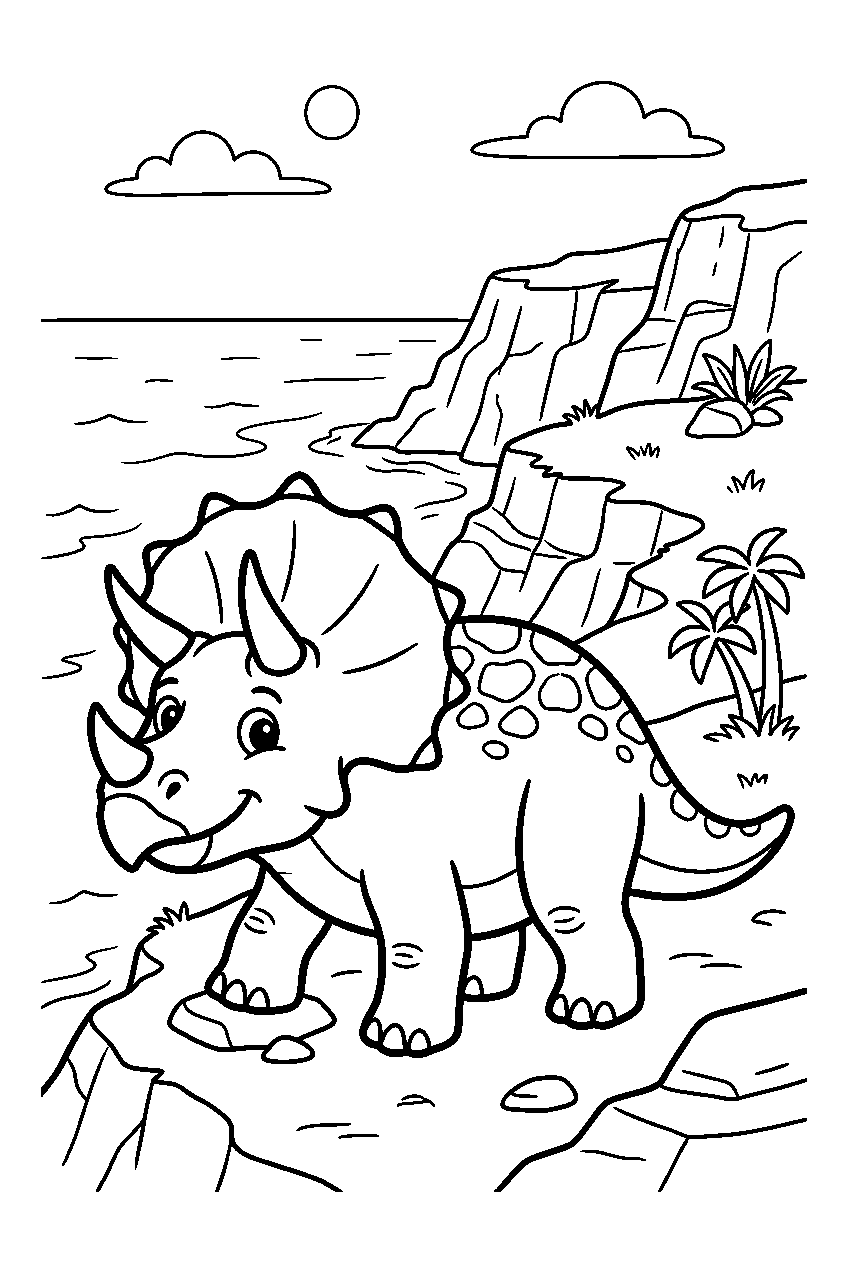 dinosaur triceratops posing in coastal cliffs line art