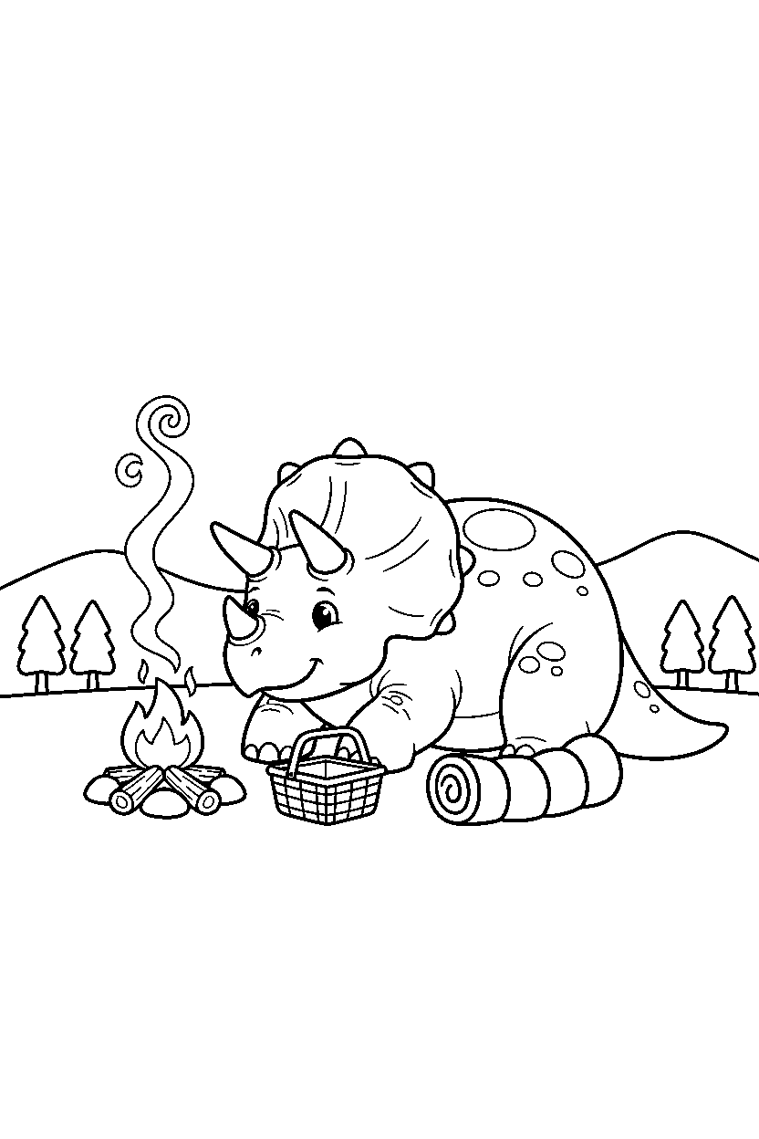 dinosaur triceratops resting at campfire spot line art