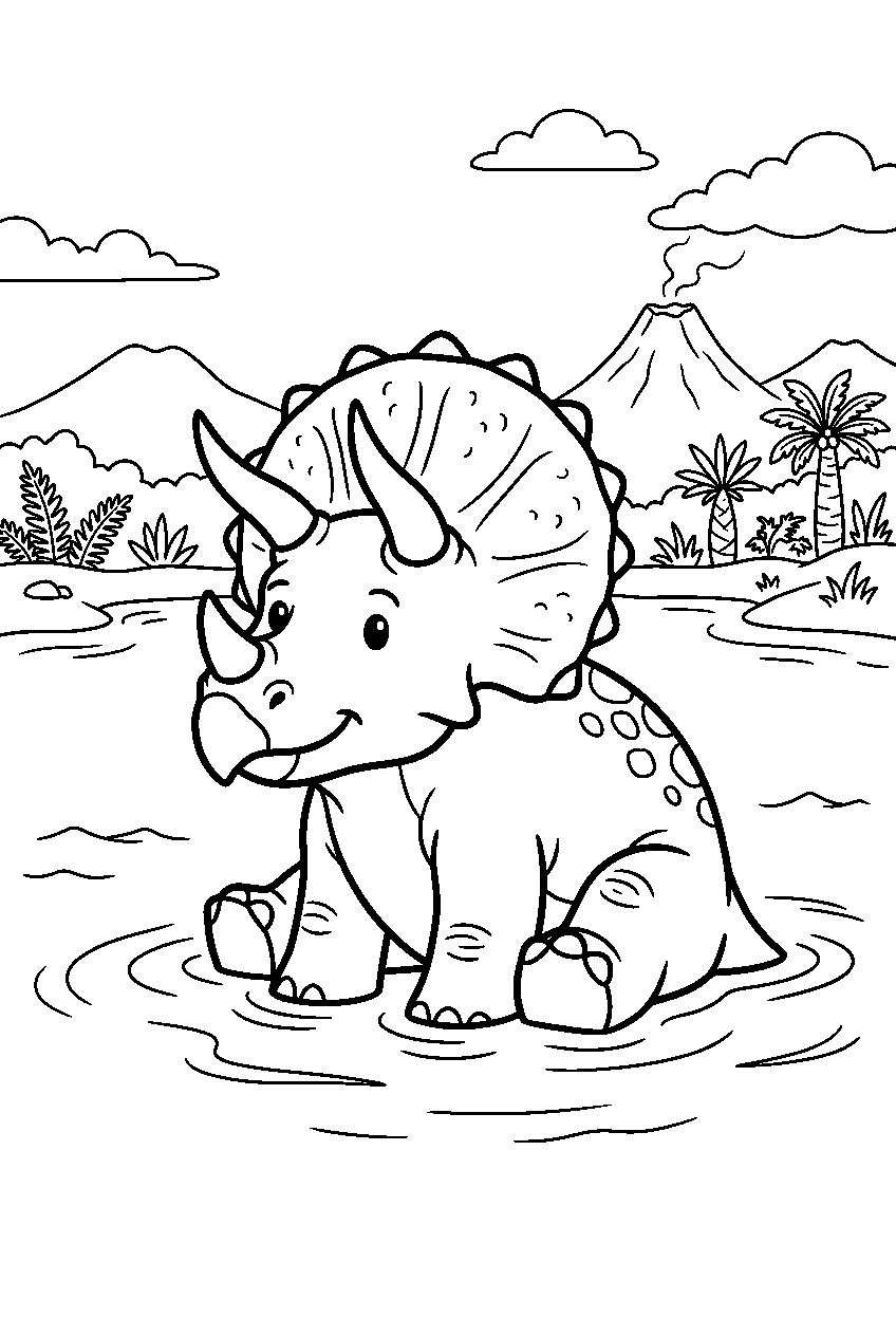 dinosaur triceratops sitting in ancient lake line art