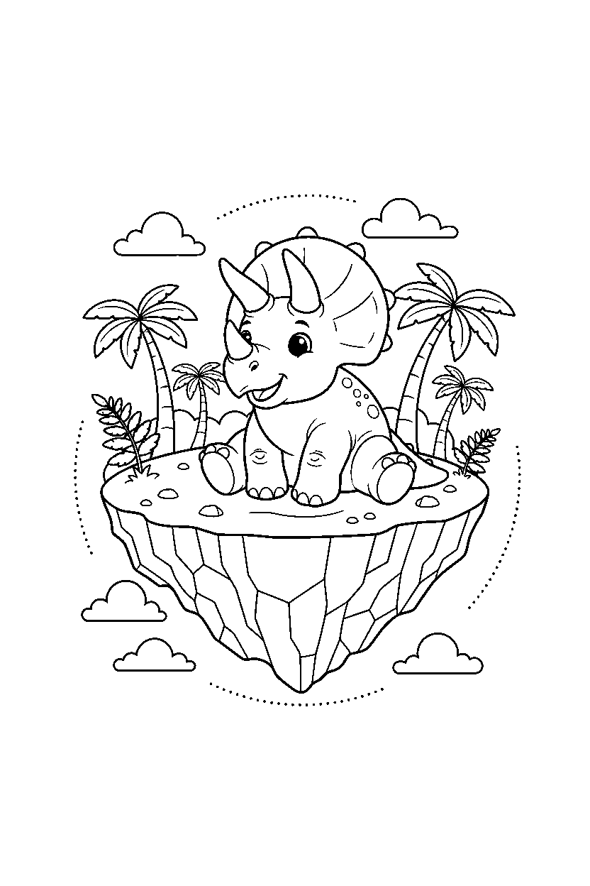 dinosaur triceratops sitting in floating island line art