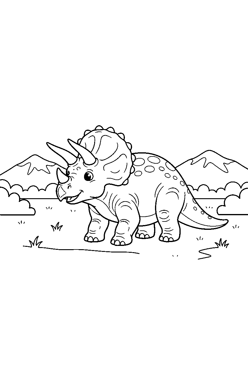 dinosaur triceratops standing calmly in open field line art