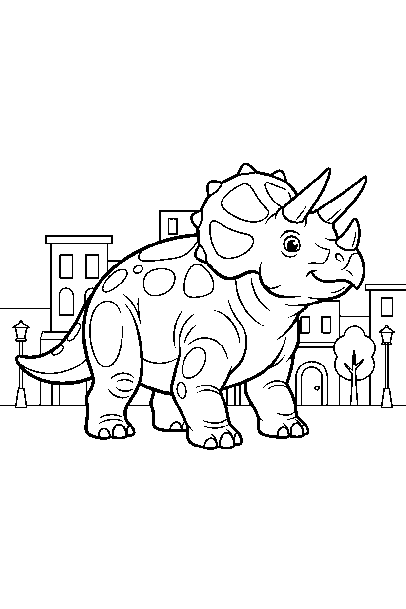 dinosaur triceratops standing confidently in town line art