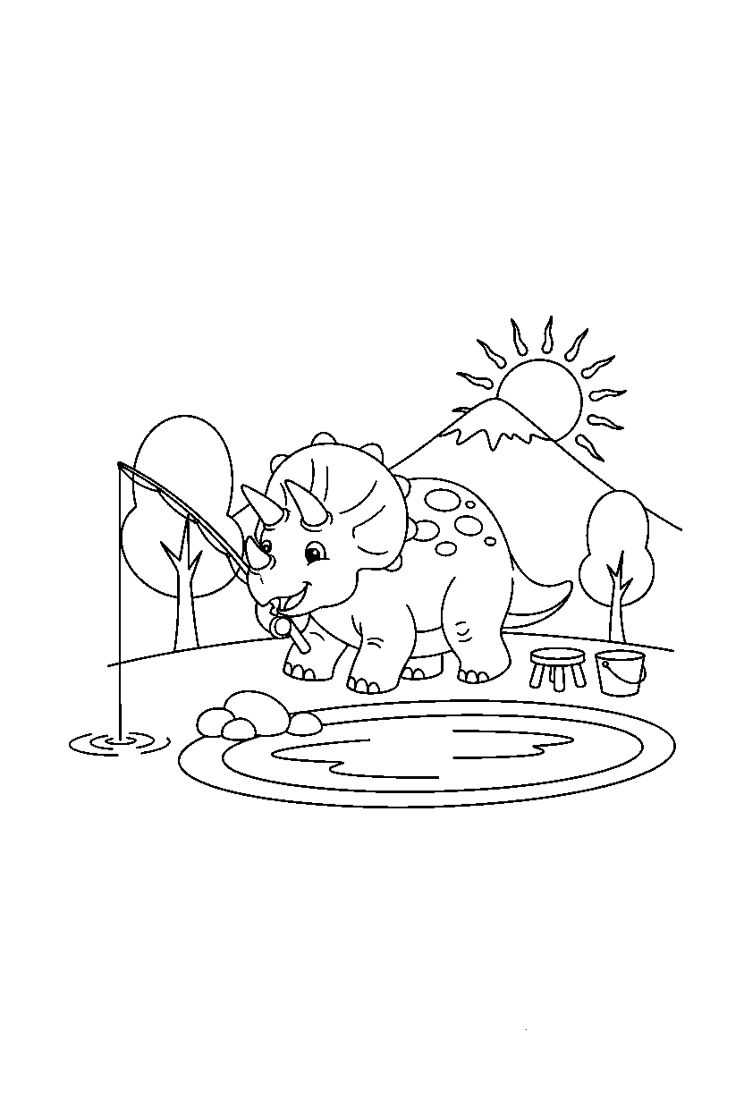 dinosaur triceratops walking at fishing spot line art