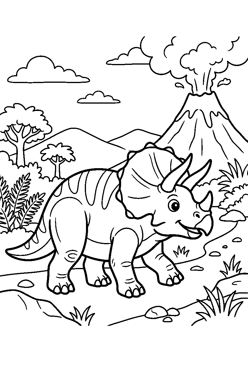 dinosaur triceratops walking near volcano line art