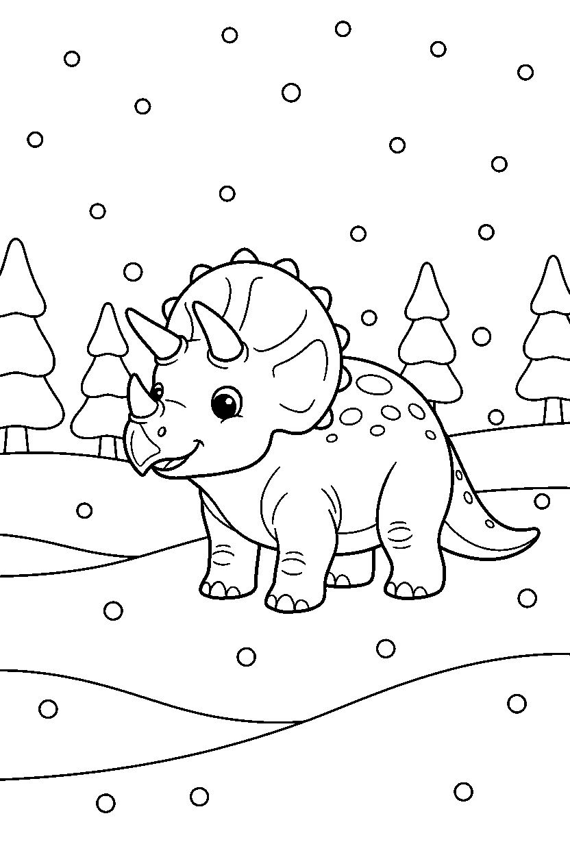 dinosaur triceratops watching in snowy field line art
