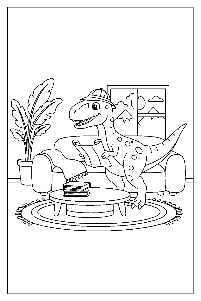 dinosaur velociraptor exploring in house line art