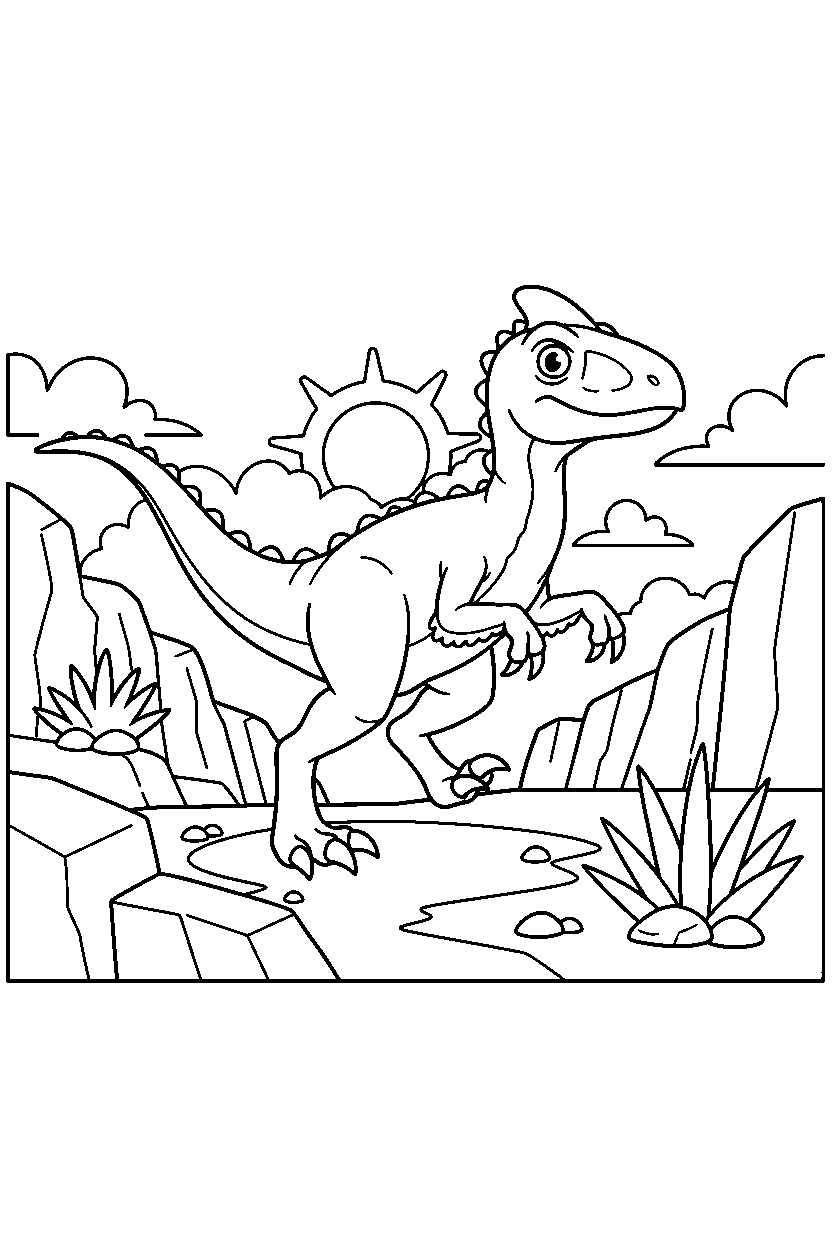 dinosaur velociraptor exploring in rocky area line art