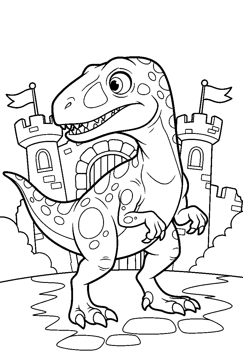 dinosaur velociraptor looking around in castle line art