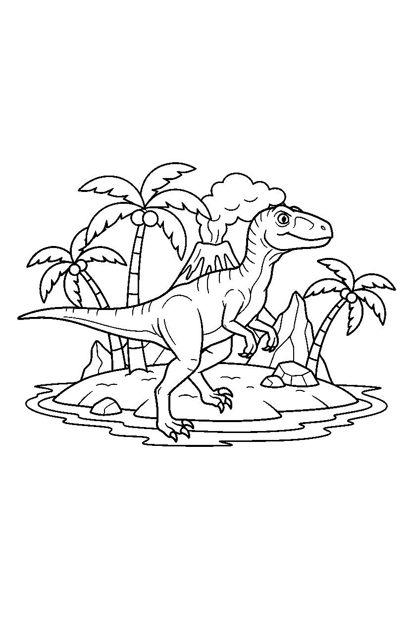 dinosaur velociraptor looking around on island line art