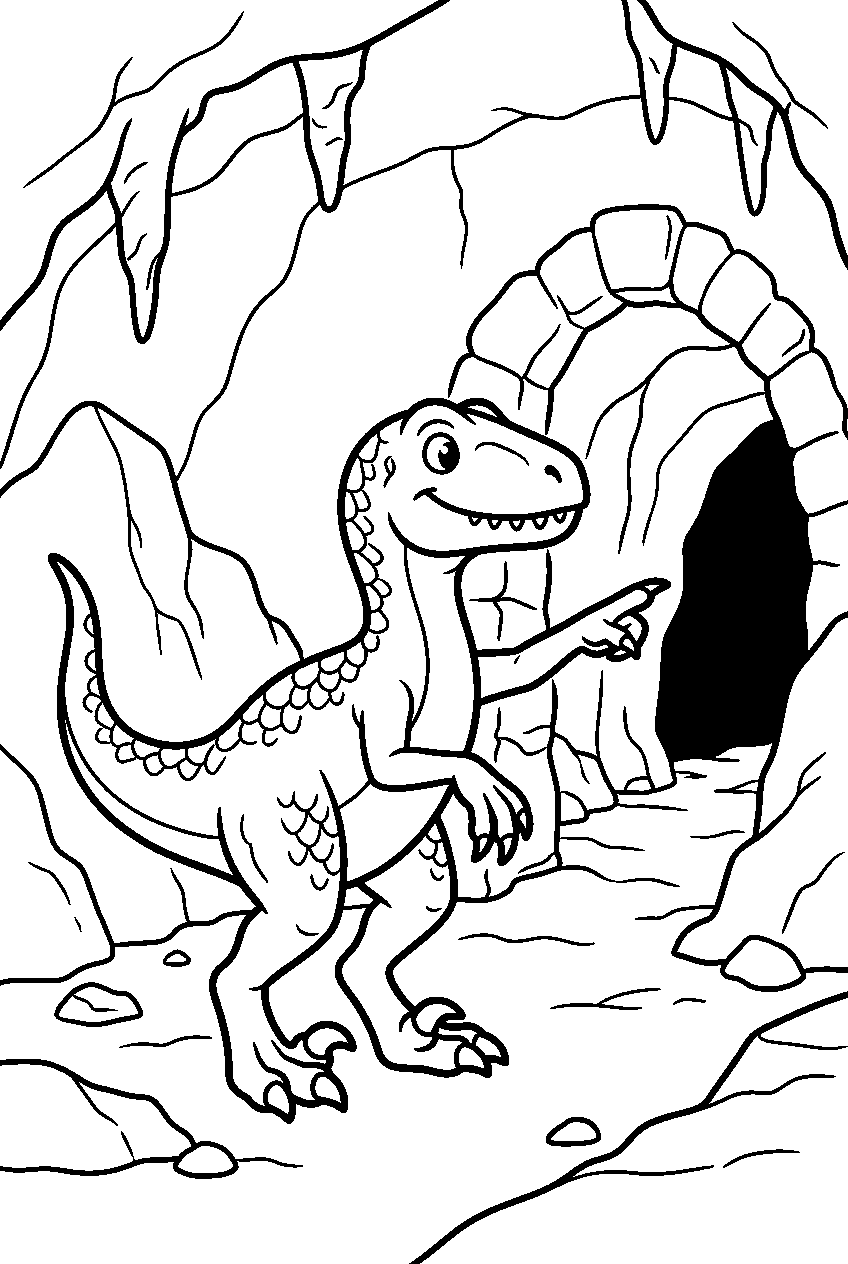 dinosaur velociraptor pointing in hidden cave line art
