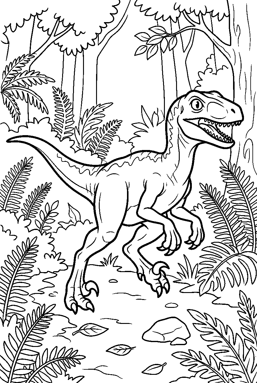 dinosaur velociraptor running in fern forest line art