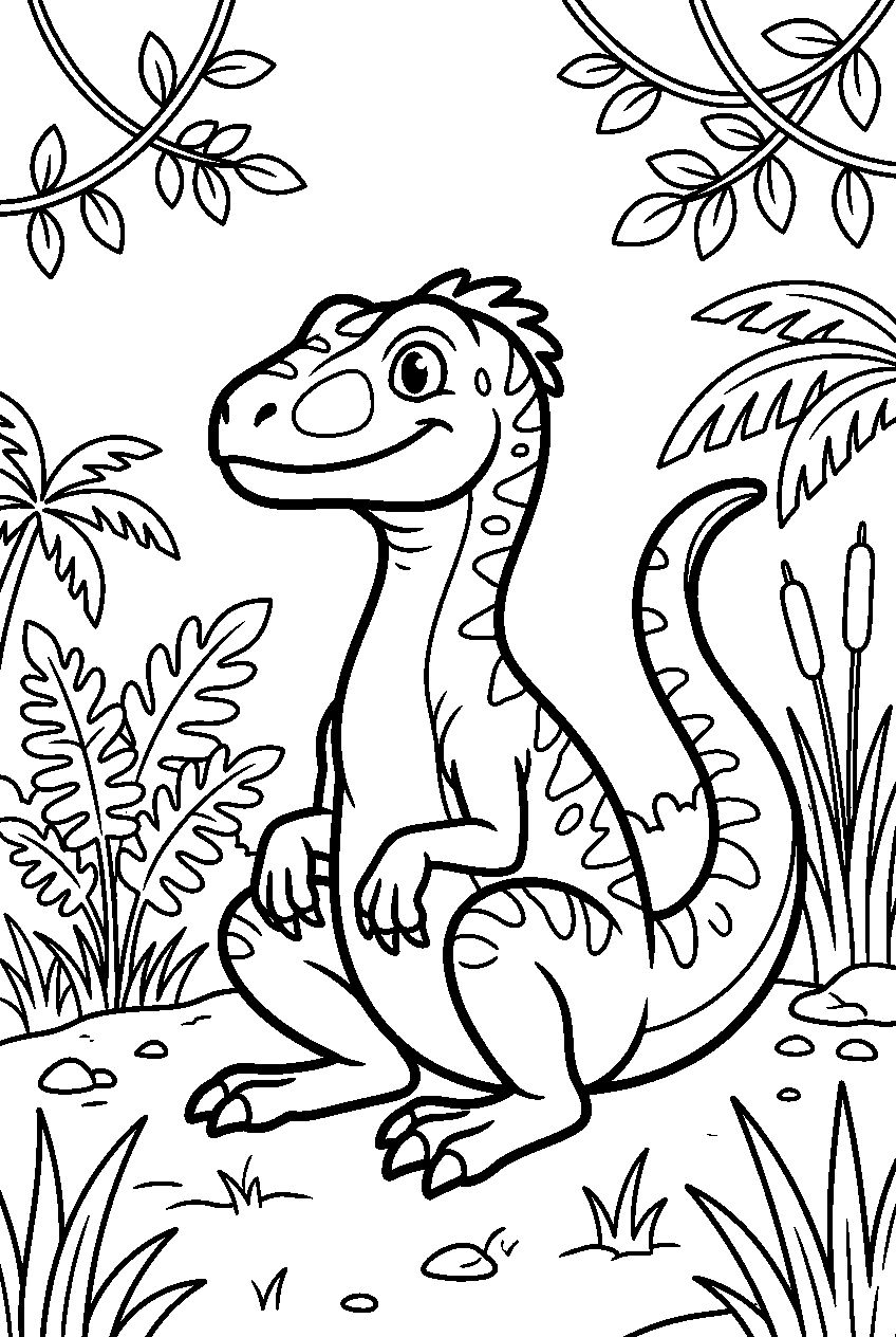 dinosaur velociraptor sitting in prehistoric jungle line art