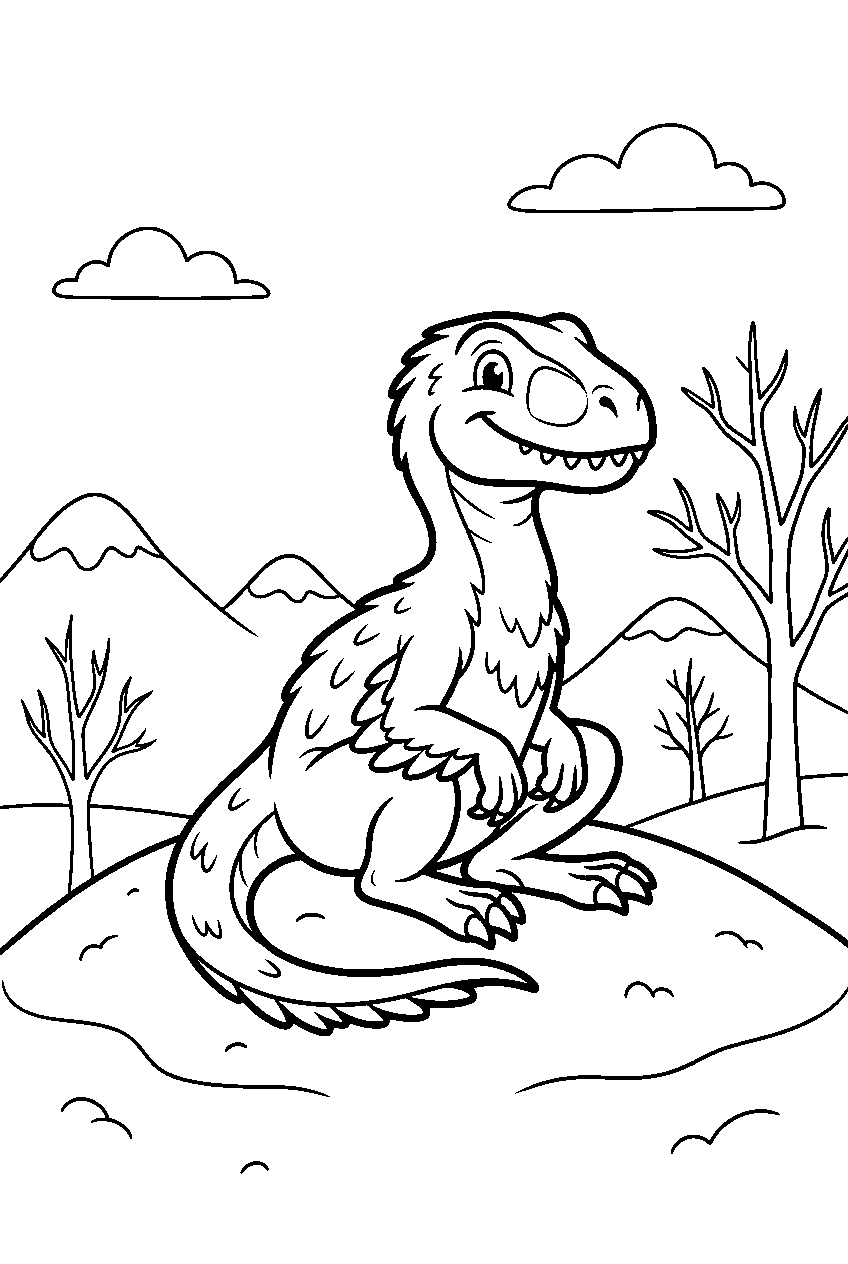 dinosaur velociraptor sitting on snowy hill line art